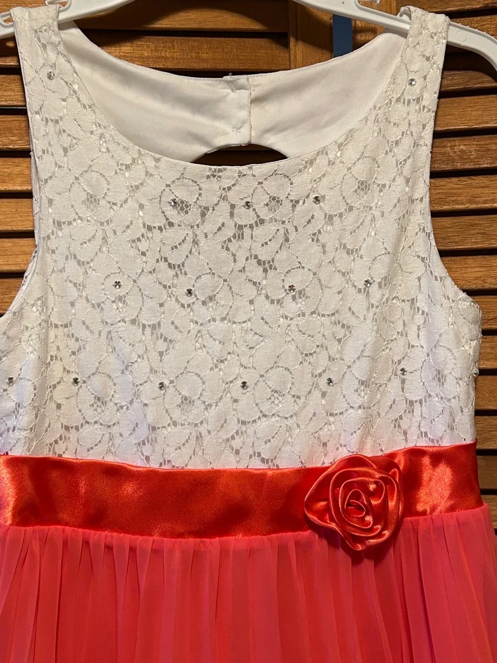 Emily West White Lace Top Coral-Pink Chiffon Bottom Sleeveless Party Dress